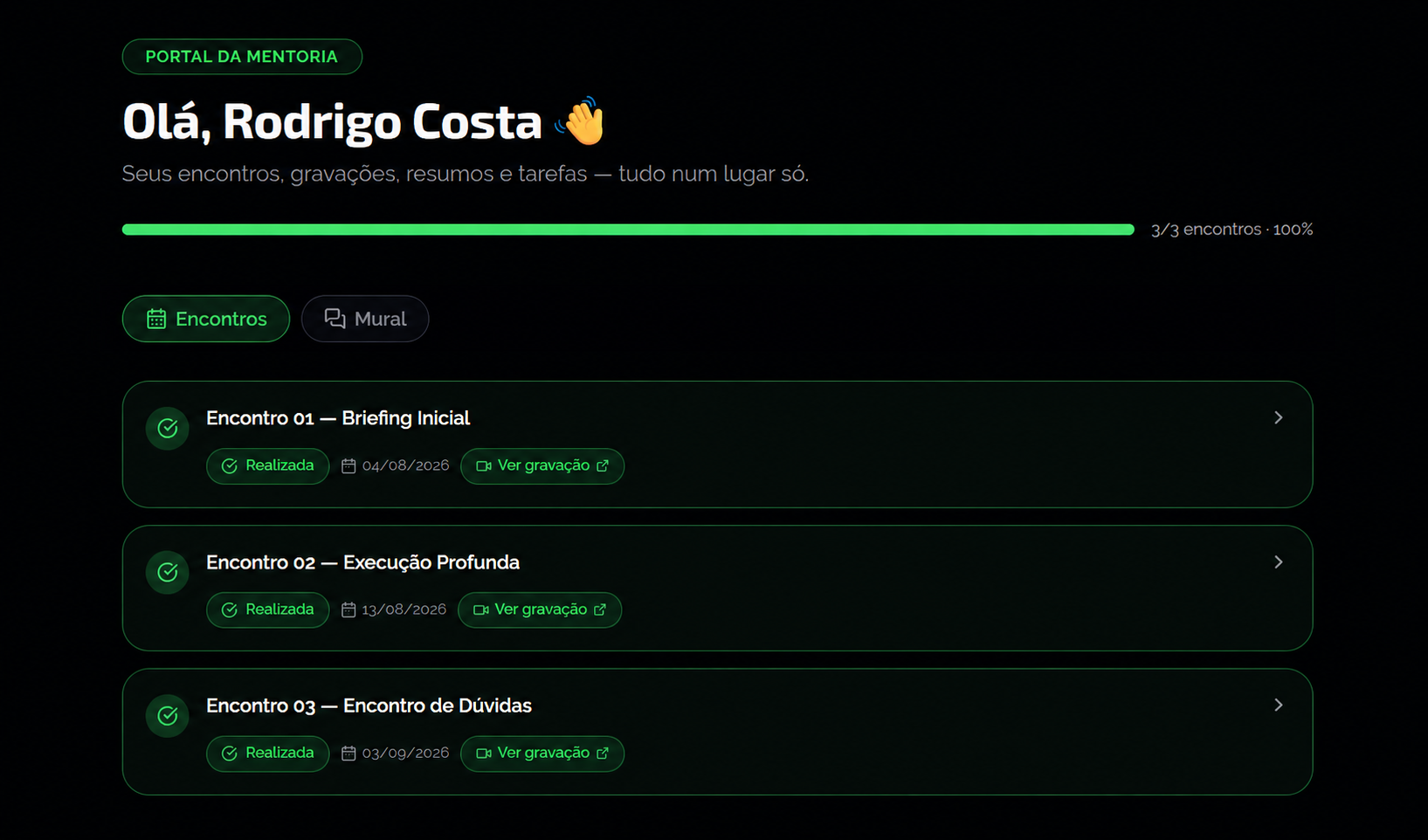 Exemplo do Portal da Mentoria, com encontros realizados e links para gravações